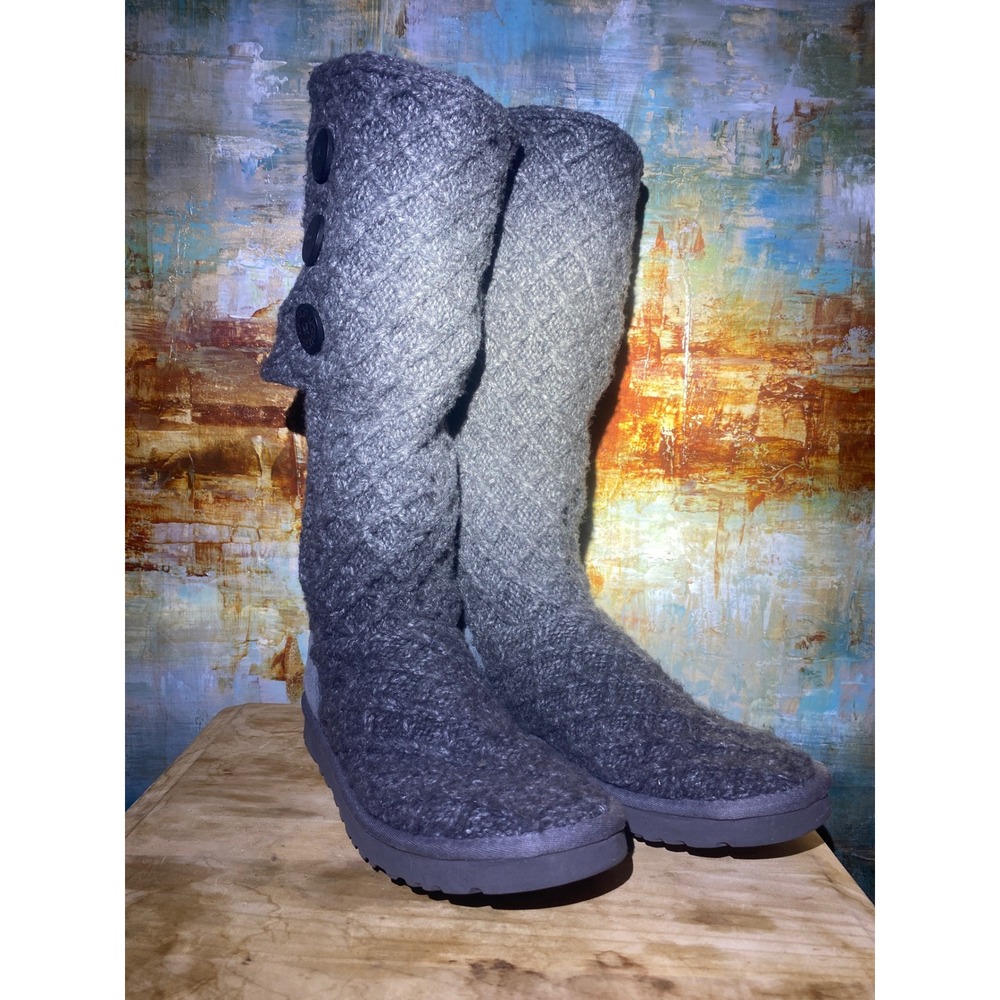 UGG Australia Lattice Cardy 3066 Charcoal Grey‎ Knit Tall Button Boots Womens 10